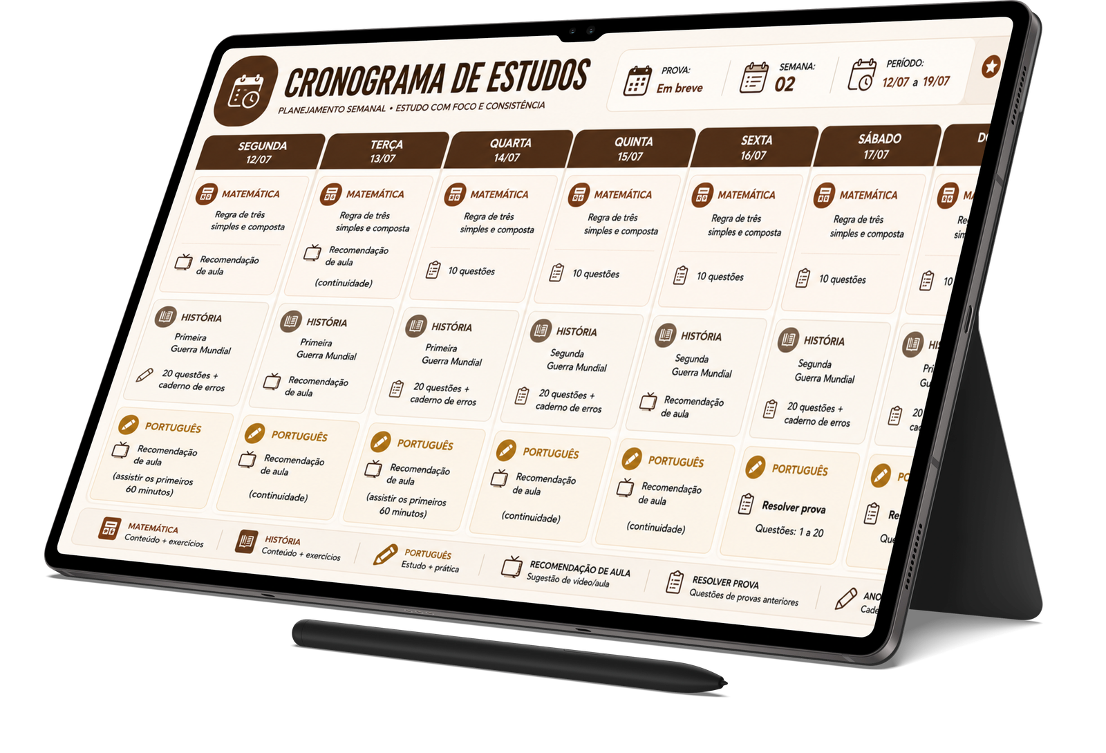 Cronograma de estudos personalizado exibido em um tablet